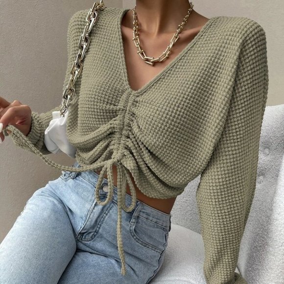 Sweaters - green runched front crop top casual trending fall winter